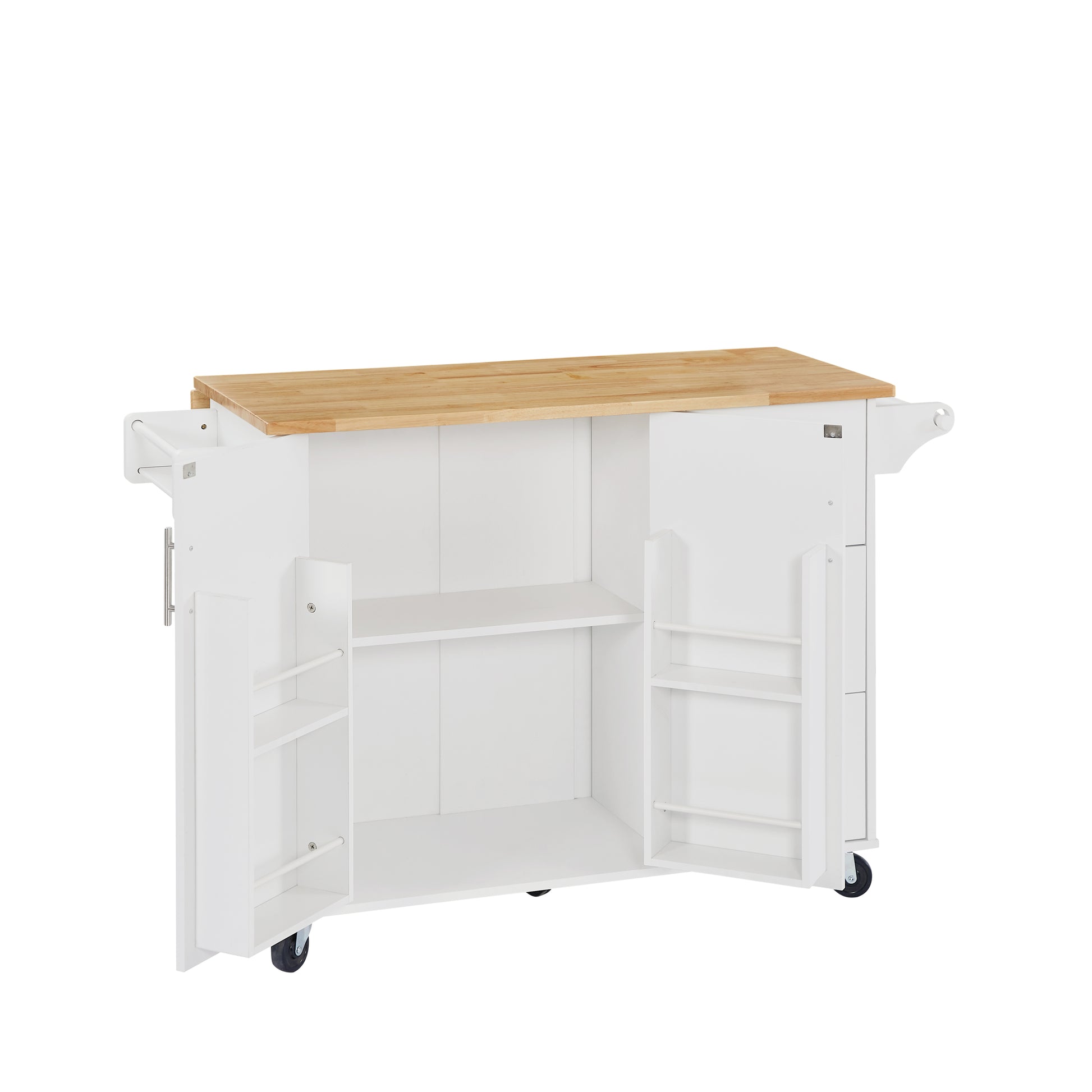 White kitchen cart with butcher block top and open storage shelves