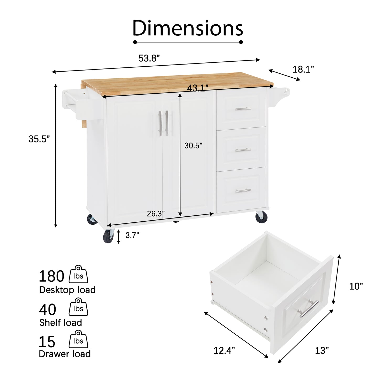 White kitchen cart with bamboo top dimensions  W x  D x  H