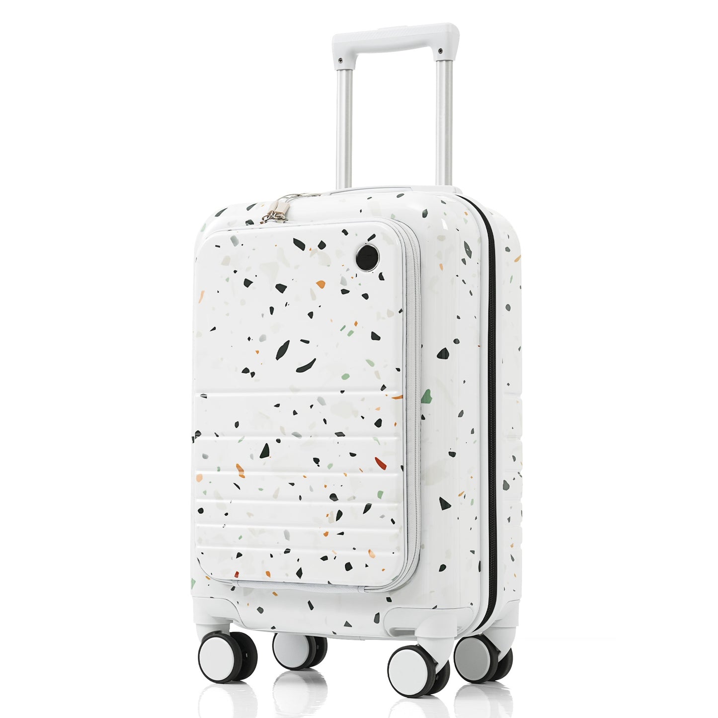 White hardshell suitcase with terrazzo pattern and silver pull handle