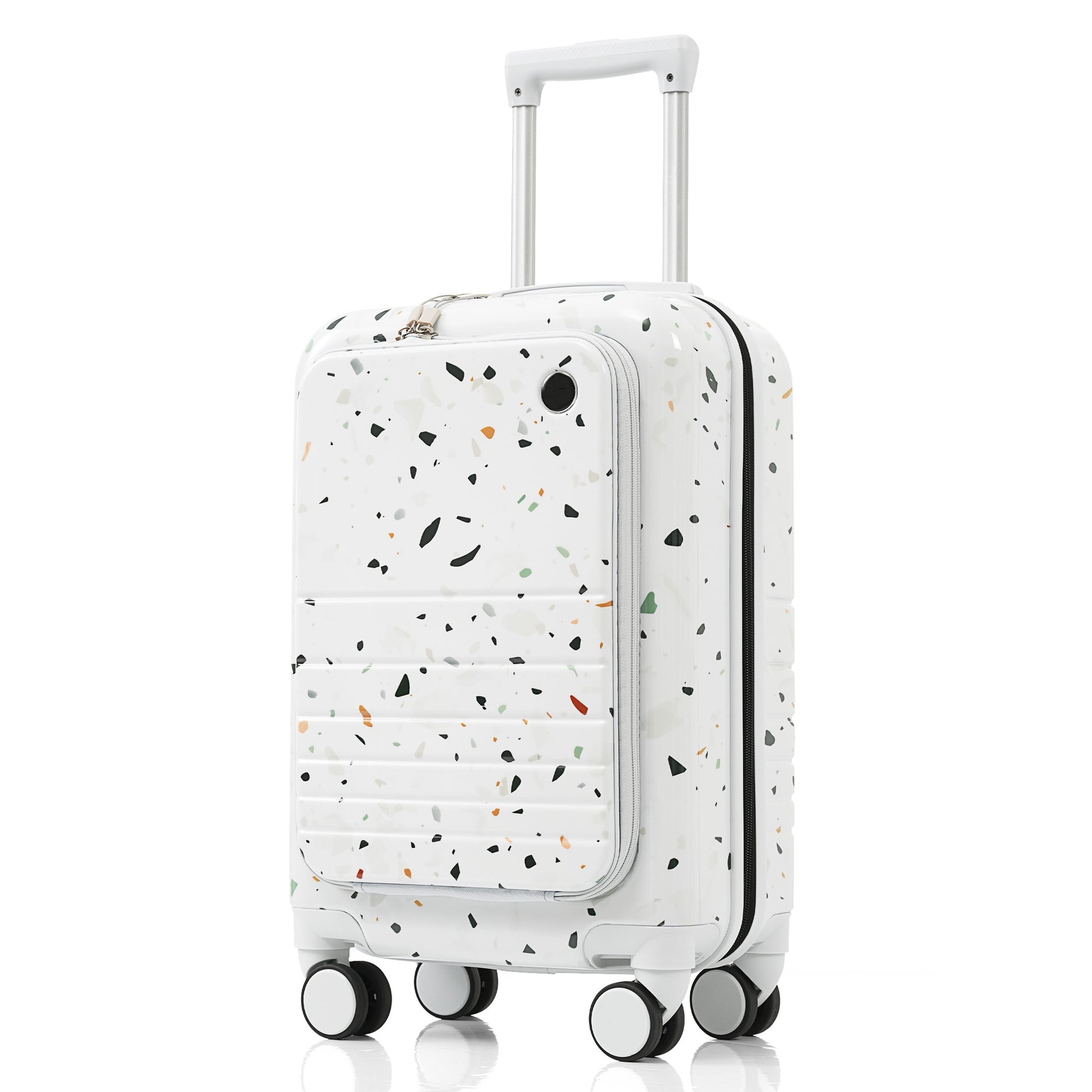 White hardshell suitcase with terrazzo pattern and silver pull handle