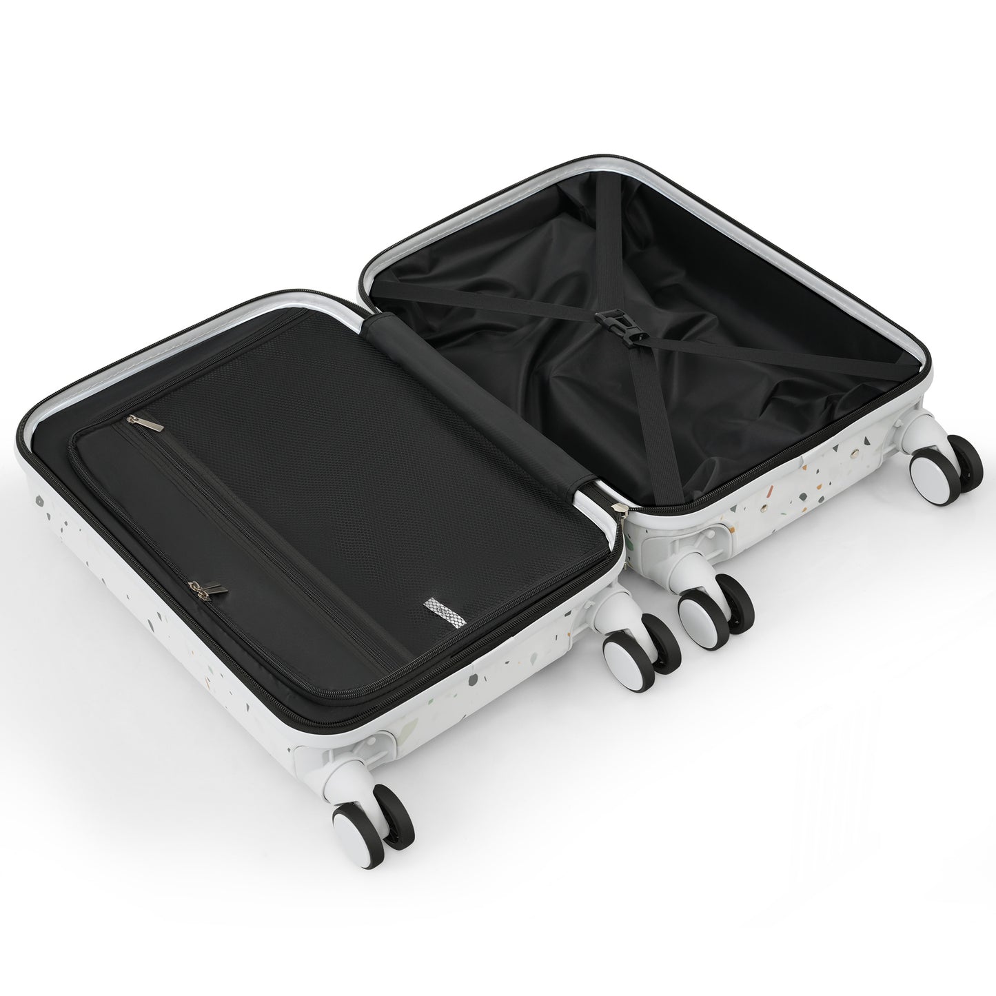 Open terrazzo print suitcase with black interior and spinner wheels