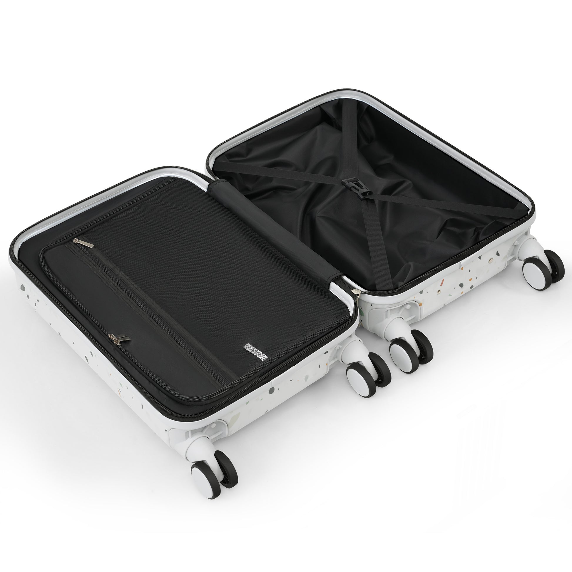 Open terrazzo print suitcase with black interior and spinner wheels