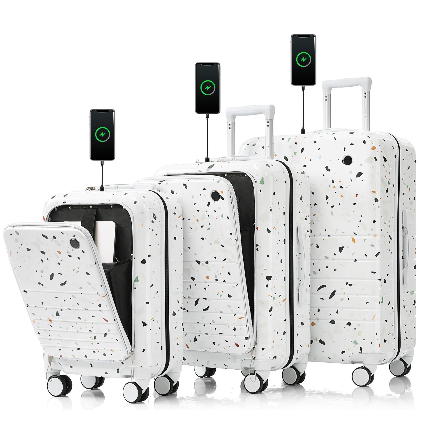 White terrazzo hardshell luggage with TSA lock and USB charging port perfect for travel