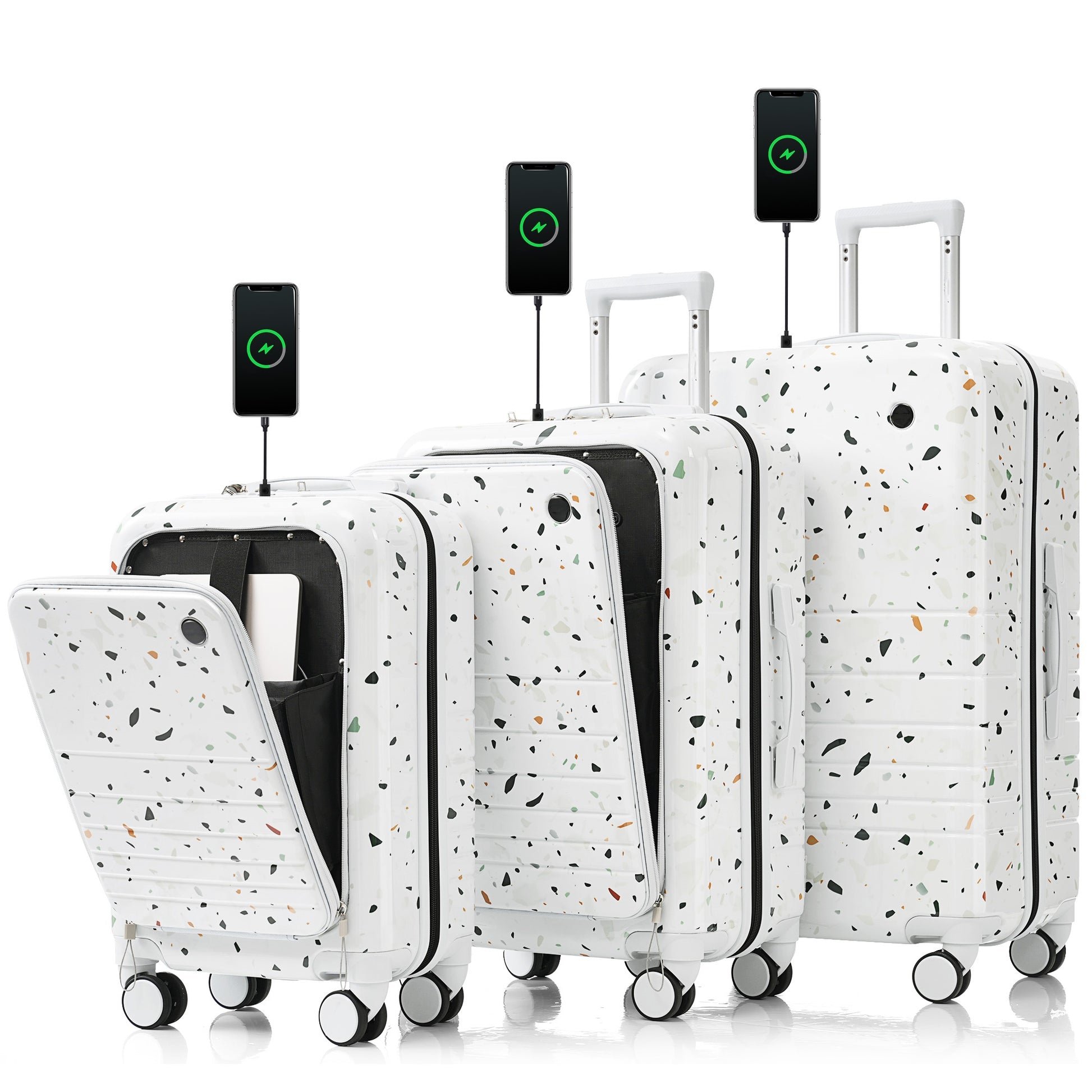 White terrazzo hardshell luggage with TSA lock and USB charging port perfect for travel