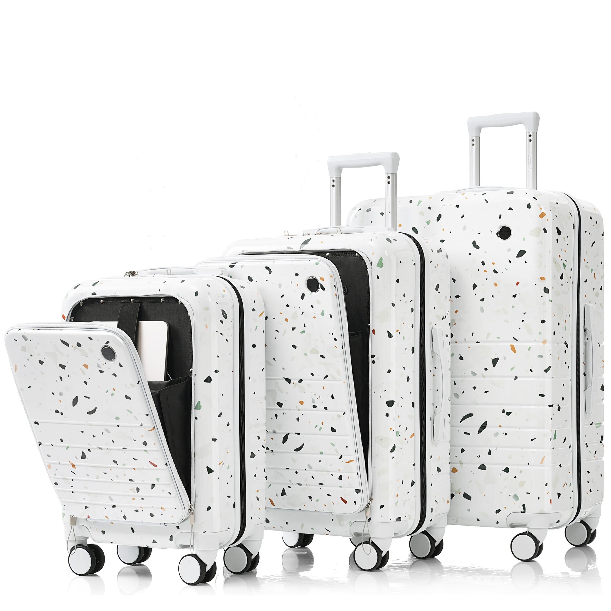 Three white suitcases with terrazzo pattern varying sizes travel luggage