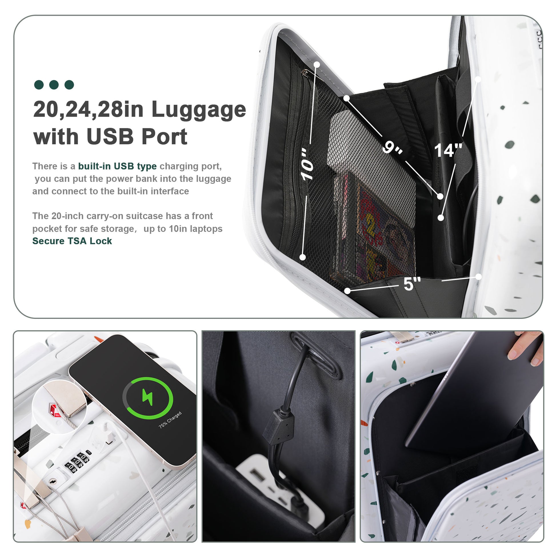 White speckled carryon luggage with integrated USB charging port