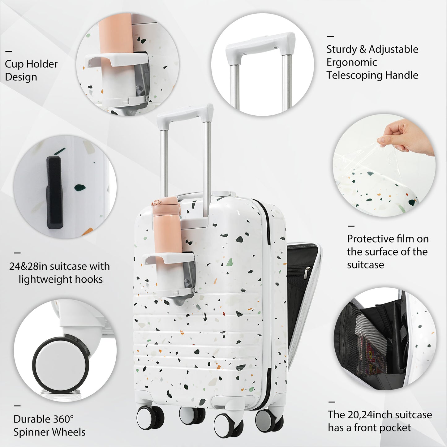 White terrazzo pattern suitcase with builtin cup holder and drink carrier