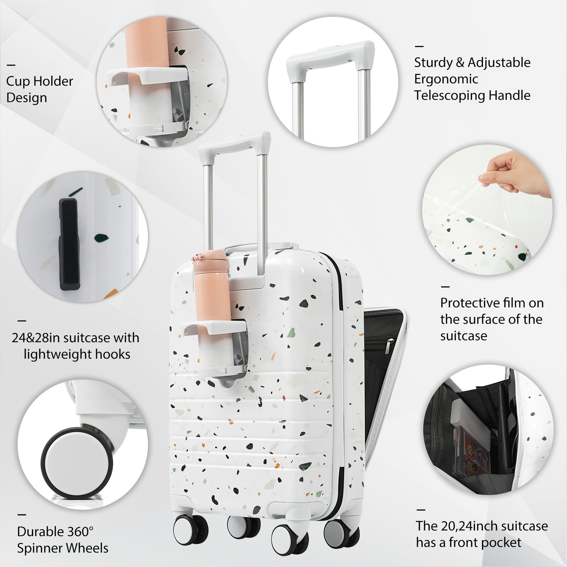 White terrazzo pattern suitcase with builtin cup holder and drink carrier