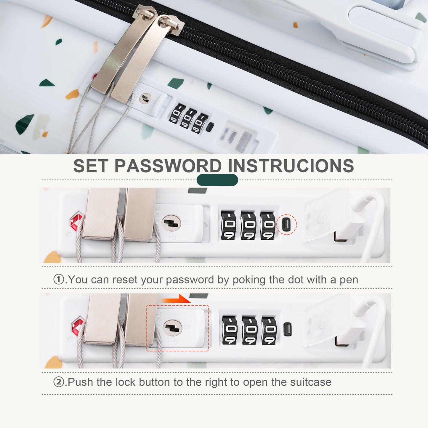 White terrazzo pattern suitcase with TSA combination lock for secure travel
