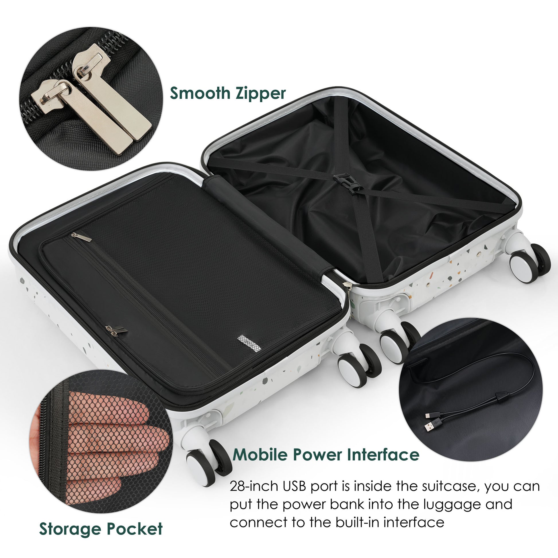 Open white inch luggage with a multicolor terrazzo pattern and smooth zipper detail