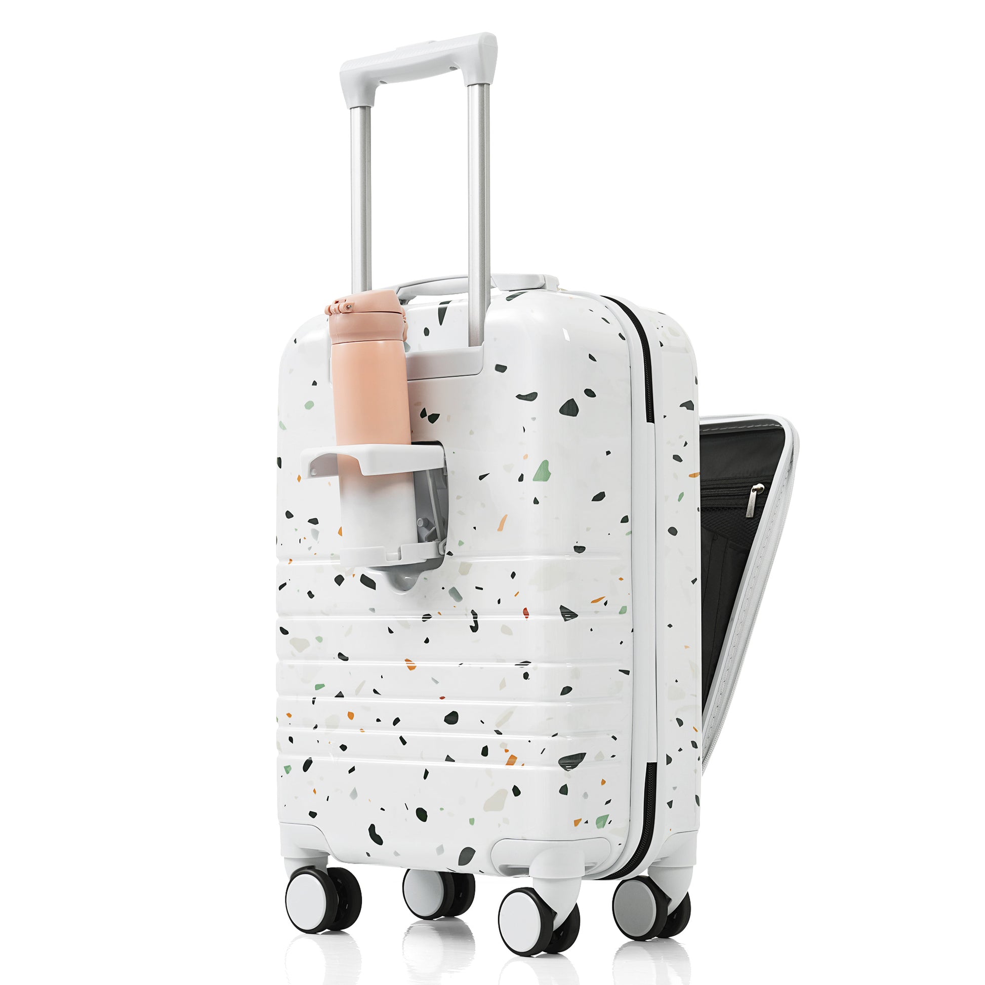 White terrazzo print hardside carryon suitcase with cup holder