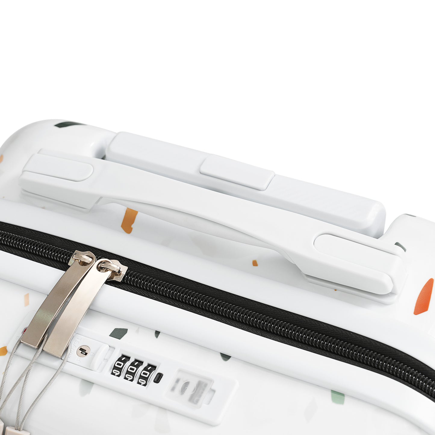White hardshell suitcase with colorful terrazzo pattern and TSA lock