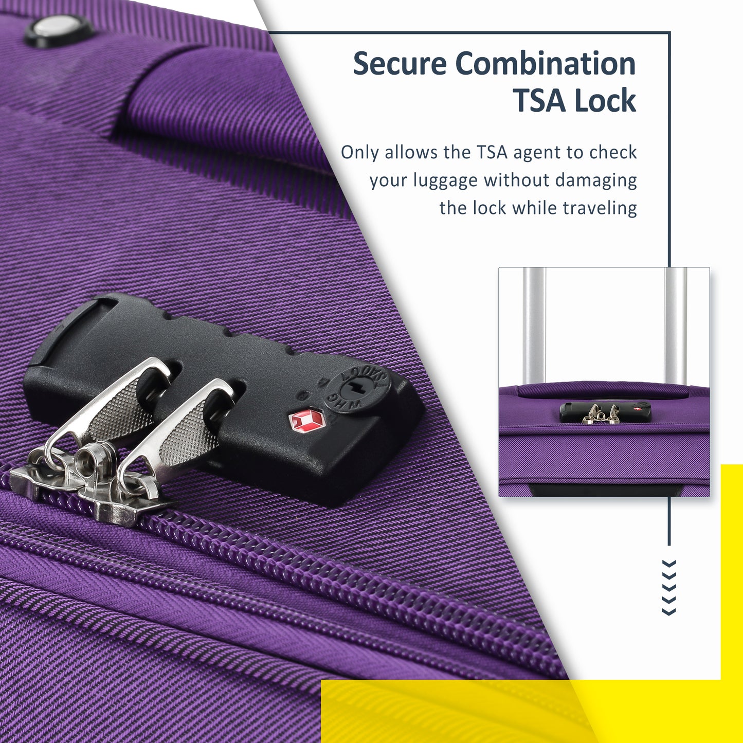 Purple luggage featuring a builtin secure combination TSA lock for travel