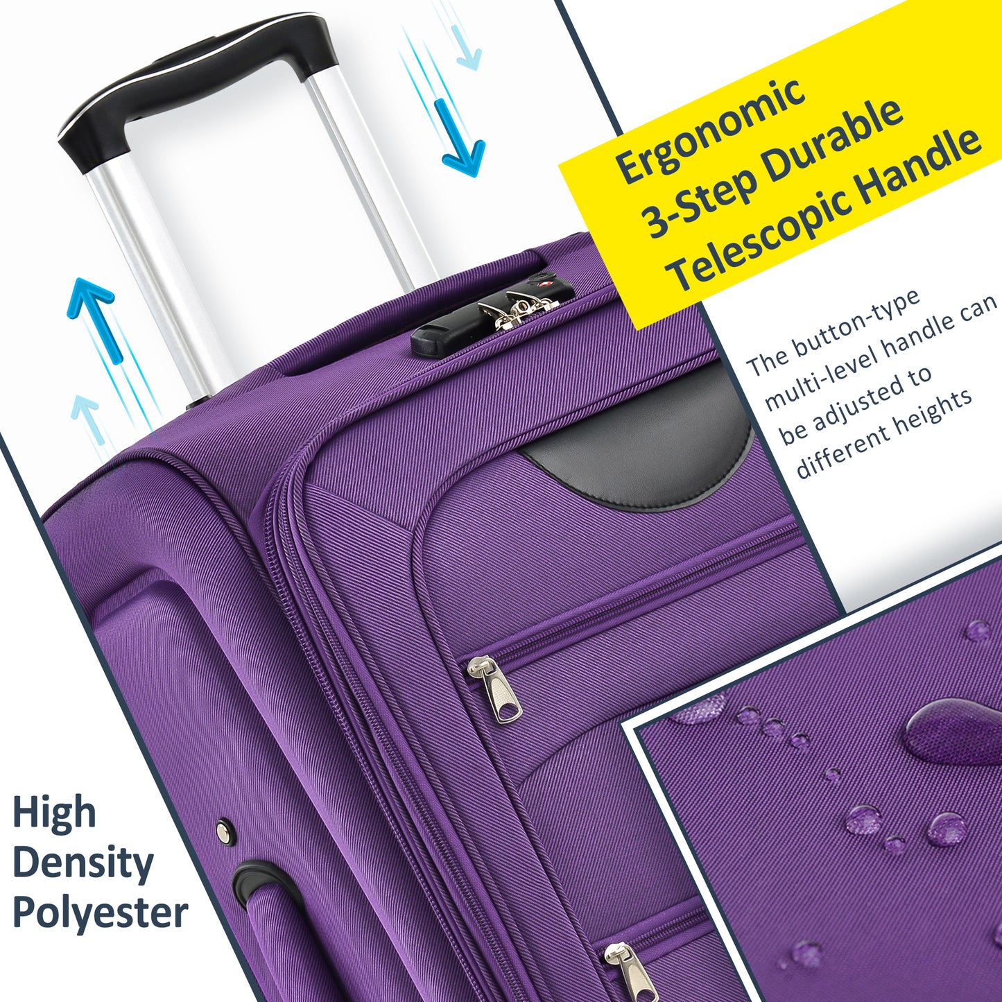 Purple high density polyester luggage with an ergonomic step telescopic handle