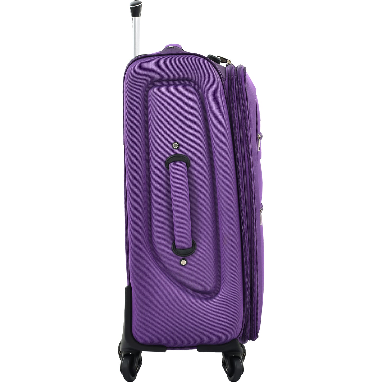 Purple fabric suitcase with telescopic handle and wheels for travel