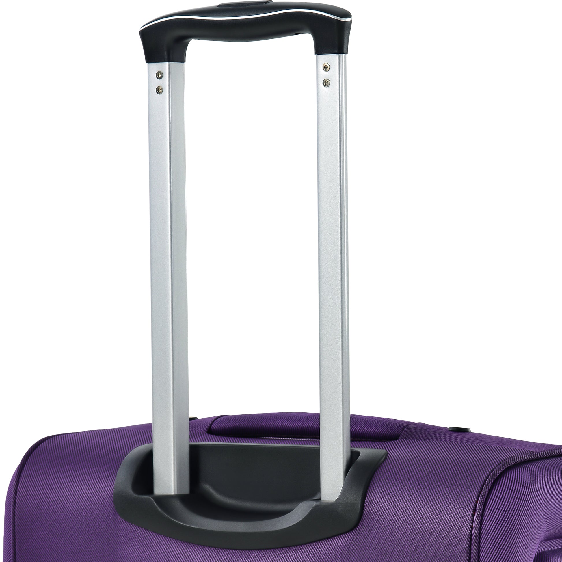 Closeup of a purple suitcase with a retractable aluminum handle and black grip