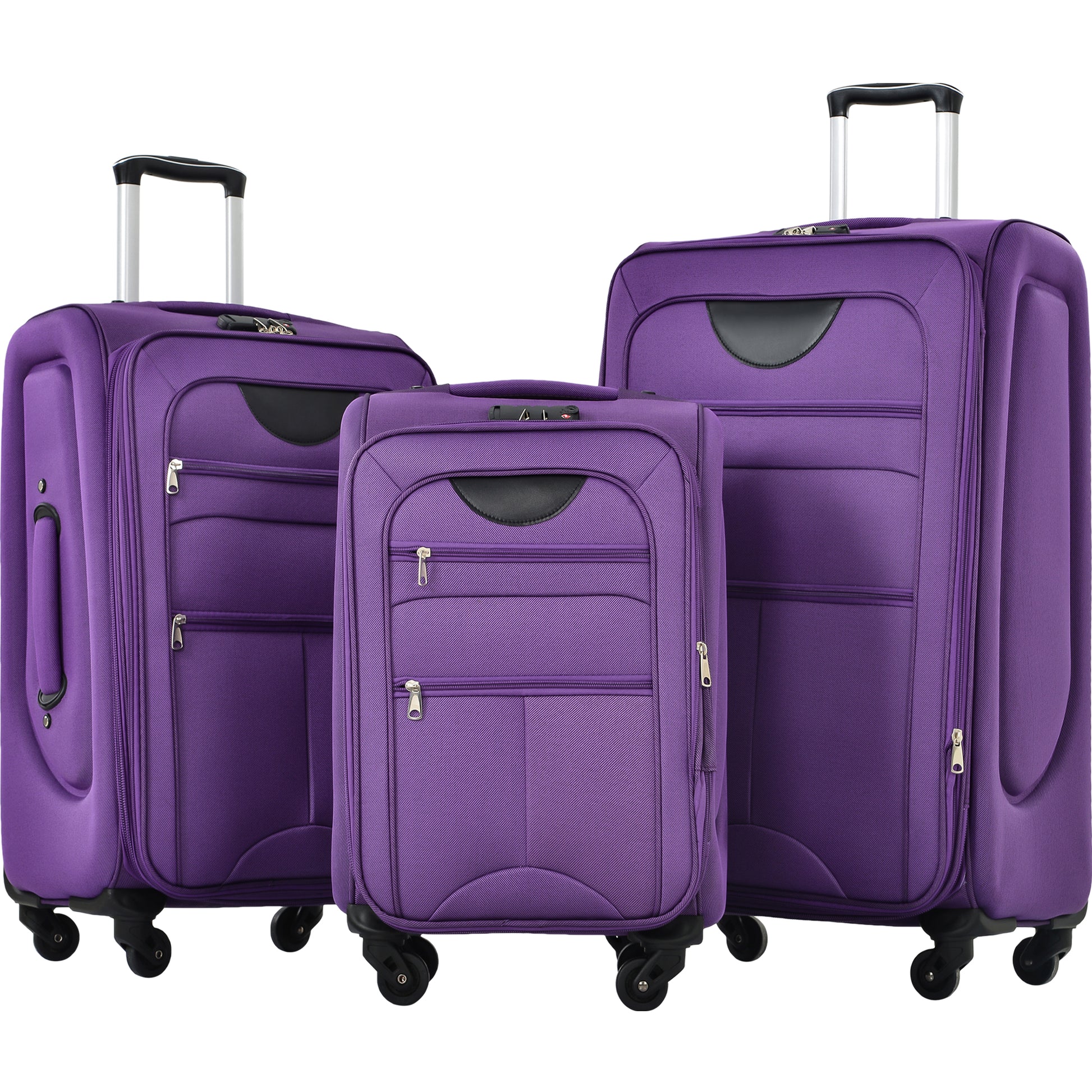 Purple threepiece luggage set with retractable handles and wheels
