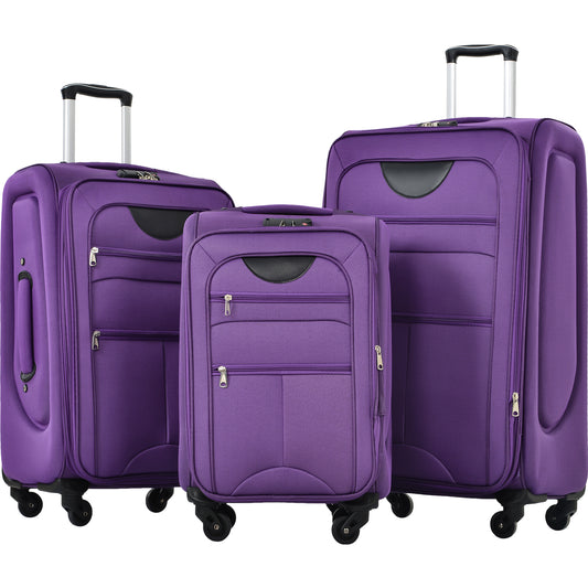 Purple threepiece luggage set with retractable handles and wheels
