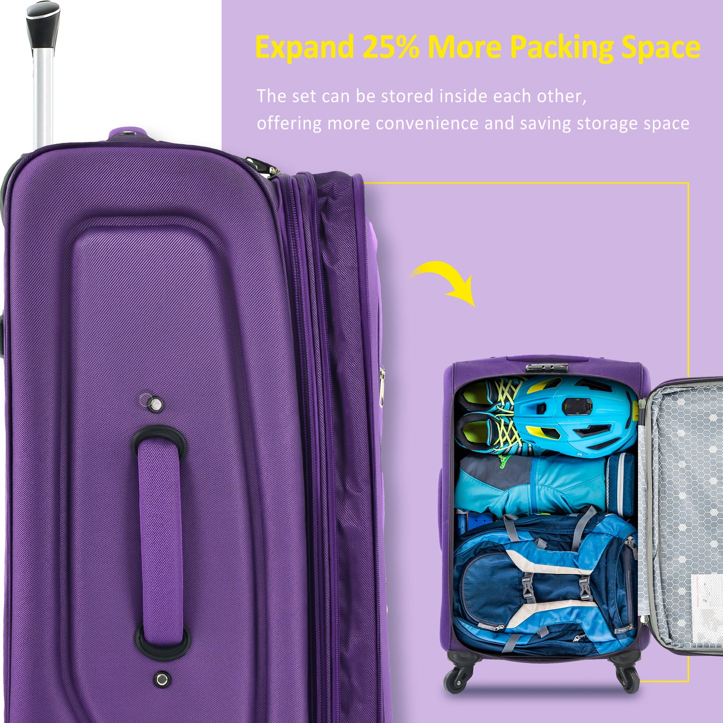 Purple expandable hardside spinner luggage with sports gear packed inside