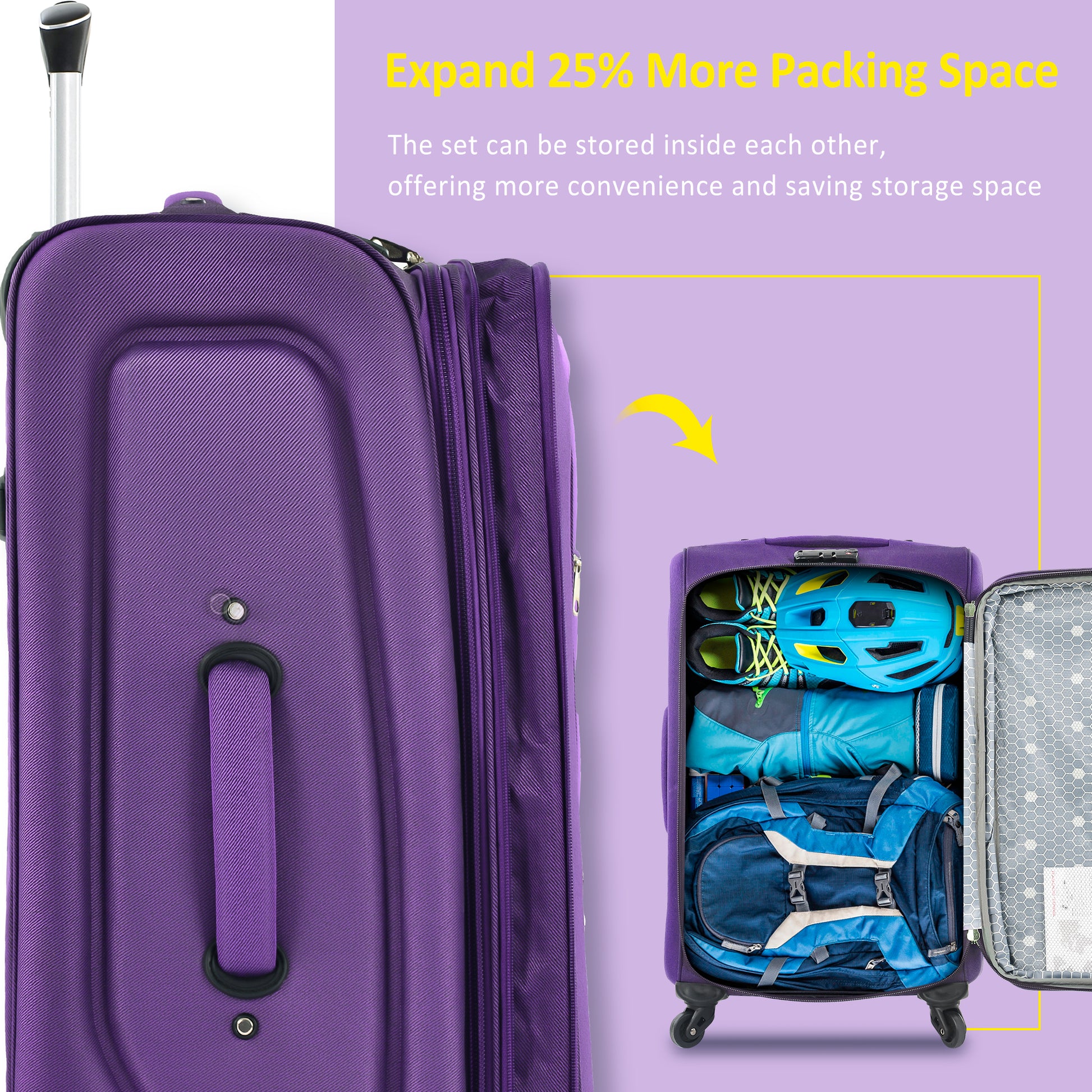 Purple expandable hardside spinner luggage with sports gear packed inside