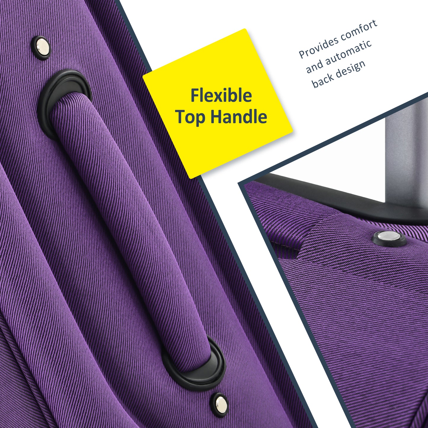 Purple luggage fabric detail showing a flexible top handle with black rubber grip