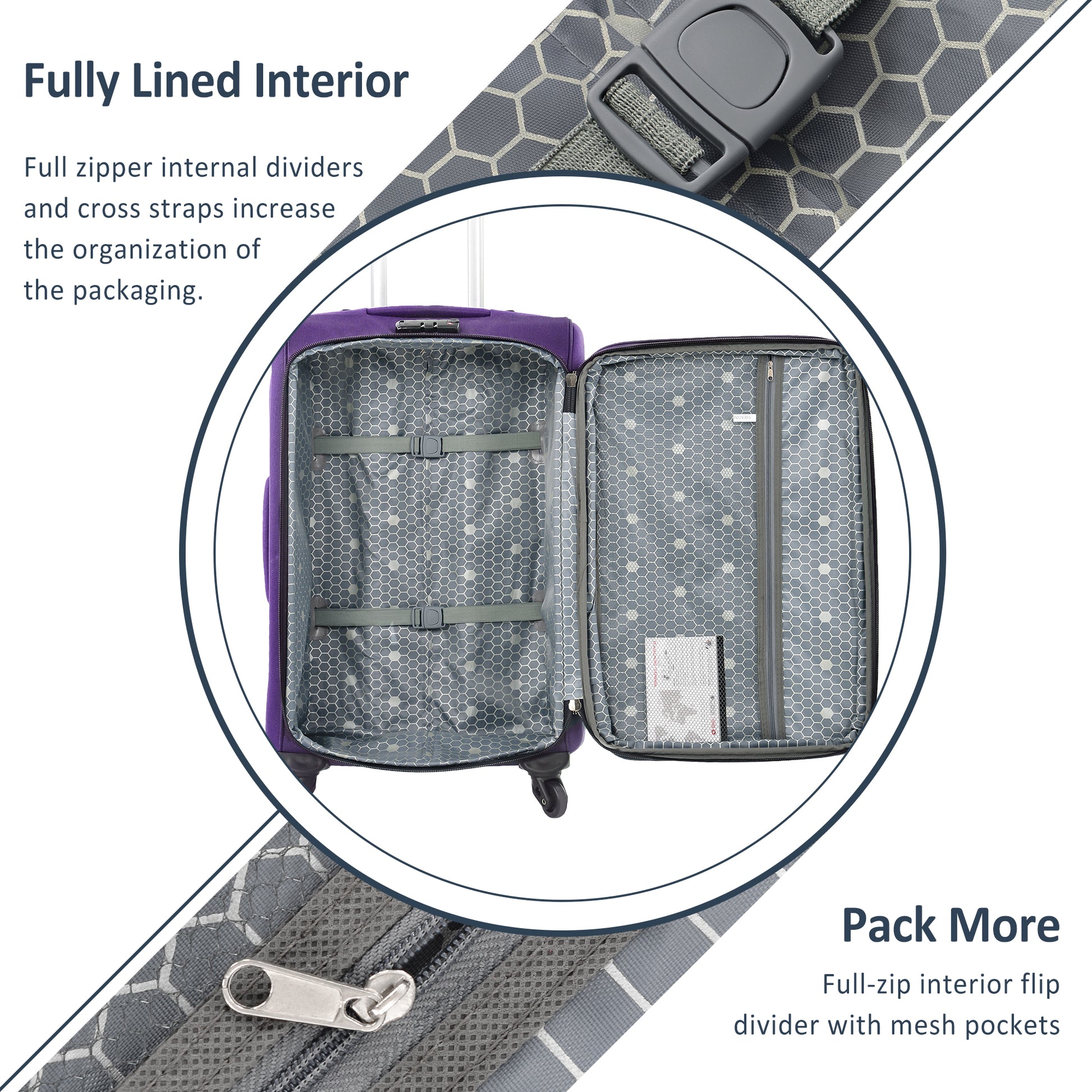 Purple suitcase interior with zippered dividers and cross straps for organization