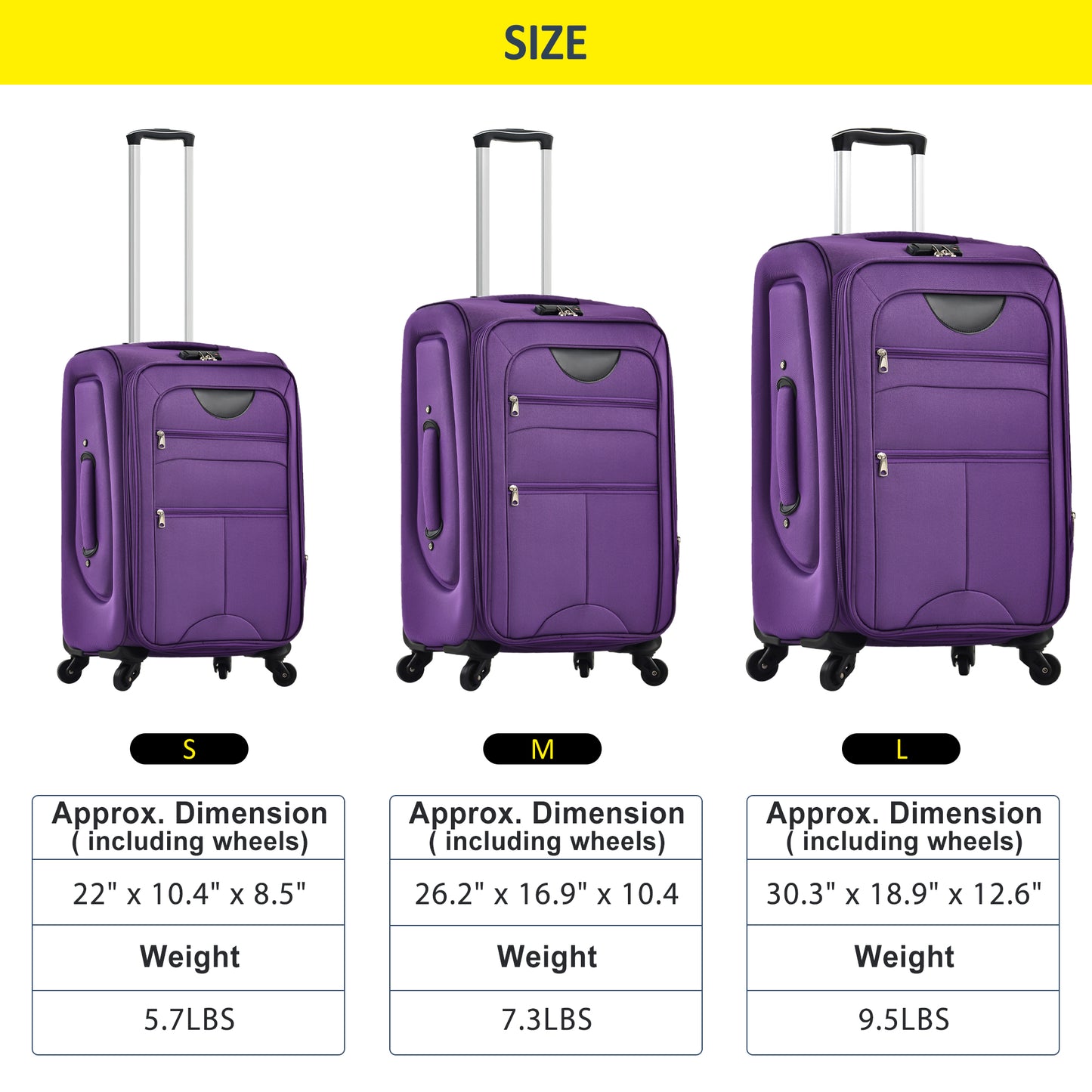 Small purple softsided spinner luggage with telescoping handle and wheels