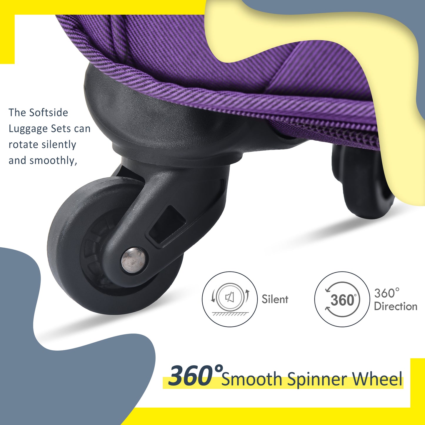 Purple softside luggage featuring a silent degree smooth spinner wheel for effortless travel
