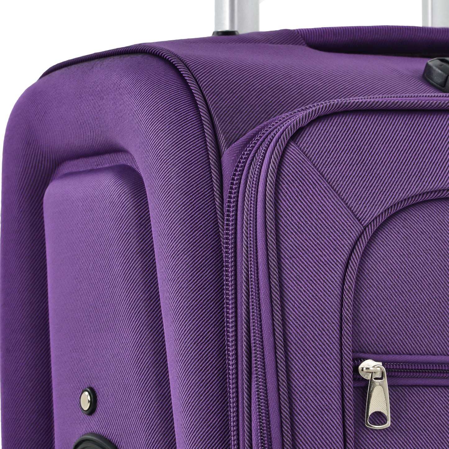 Purple fabric suitcase detail with silver zipper and textured weave