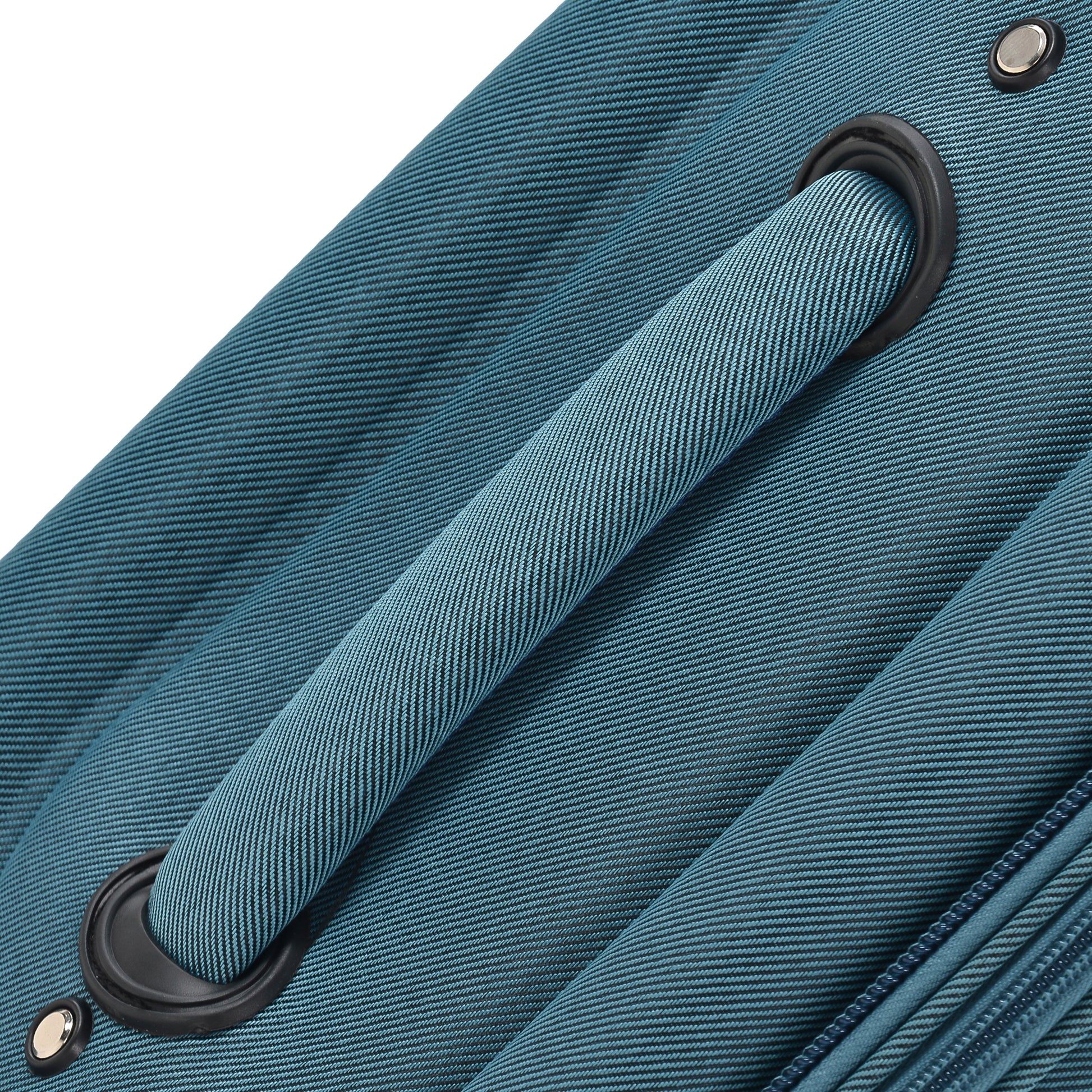 Teal textured fabric suitcase handle with reinforced stitching for durability