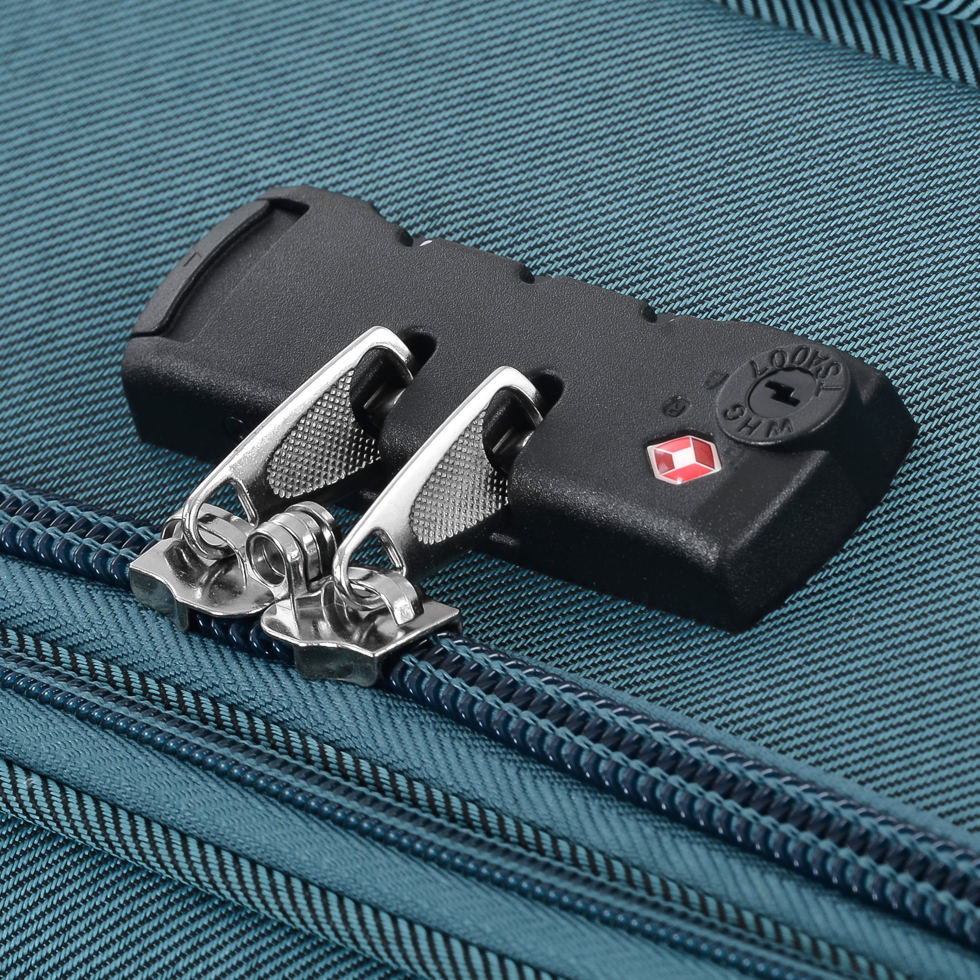 Teal luggage with TSA approved combination lock and metal zipper pulls