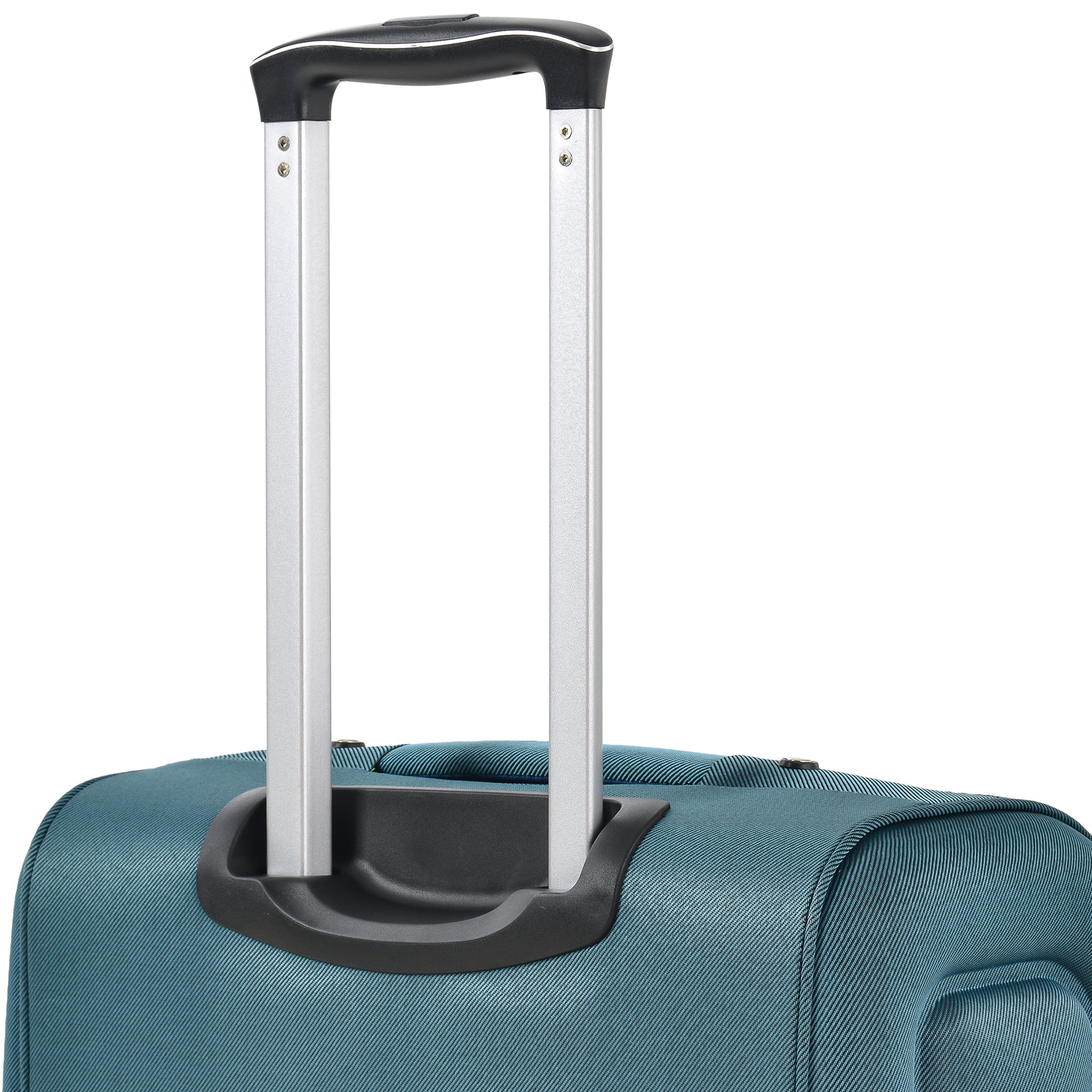 Closeup of a teal luggage with an extendable aluminum handle and black grip