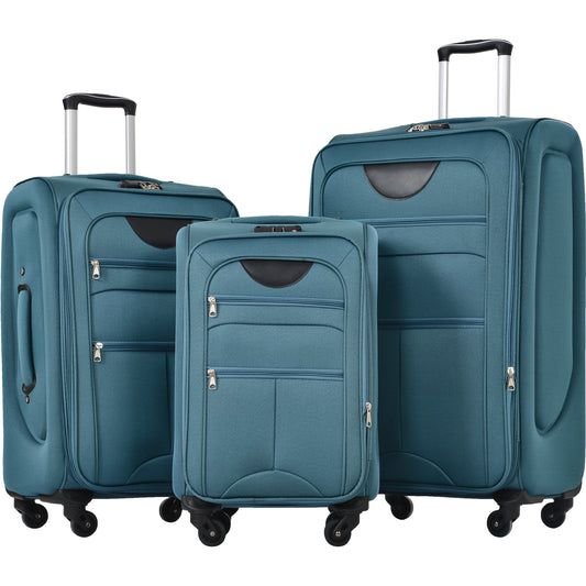 Three teal fabric suitcases with telescopic handles and black accents perfect for travel