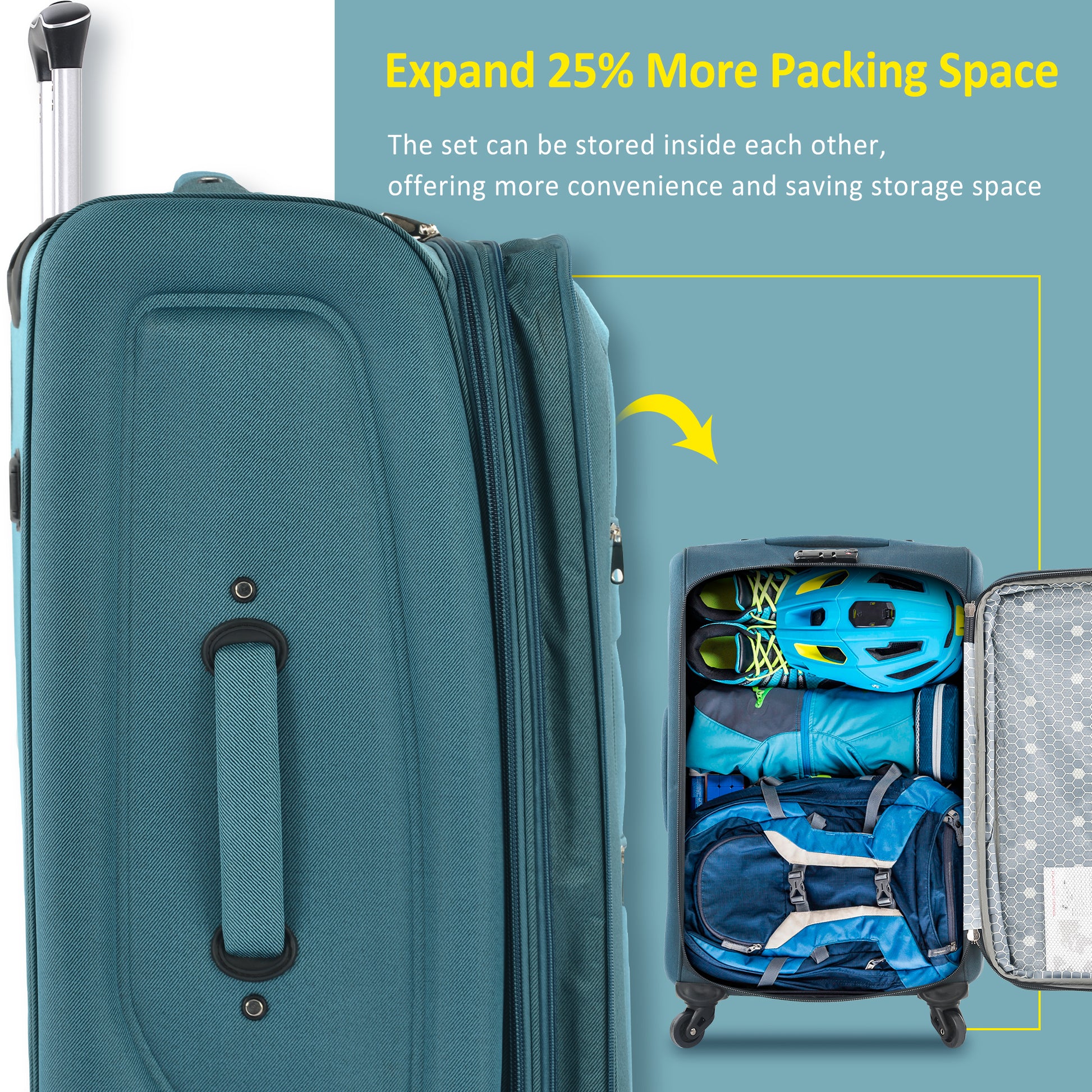 Teal expandable suitcase packed with blue backpack jacket and helmet