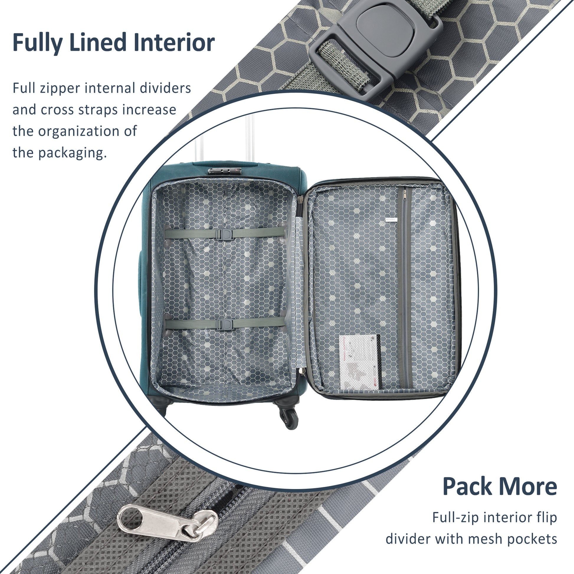 Teal suitcase interior with hexagonal pattern lining compression straps and zippered mesh pocket