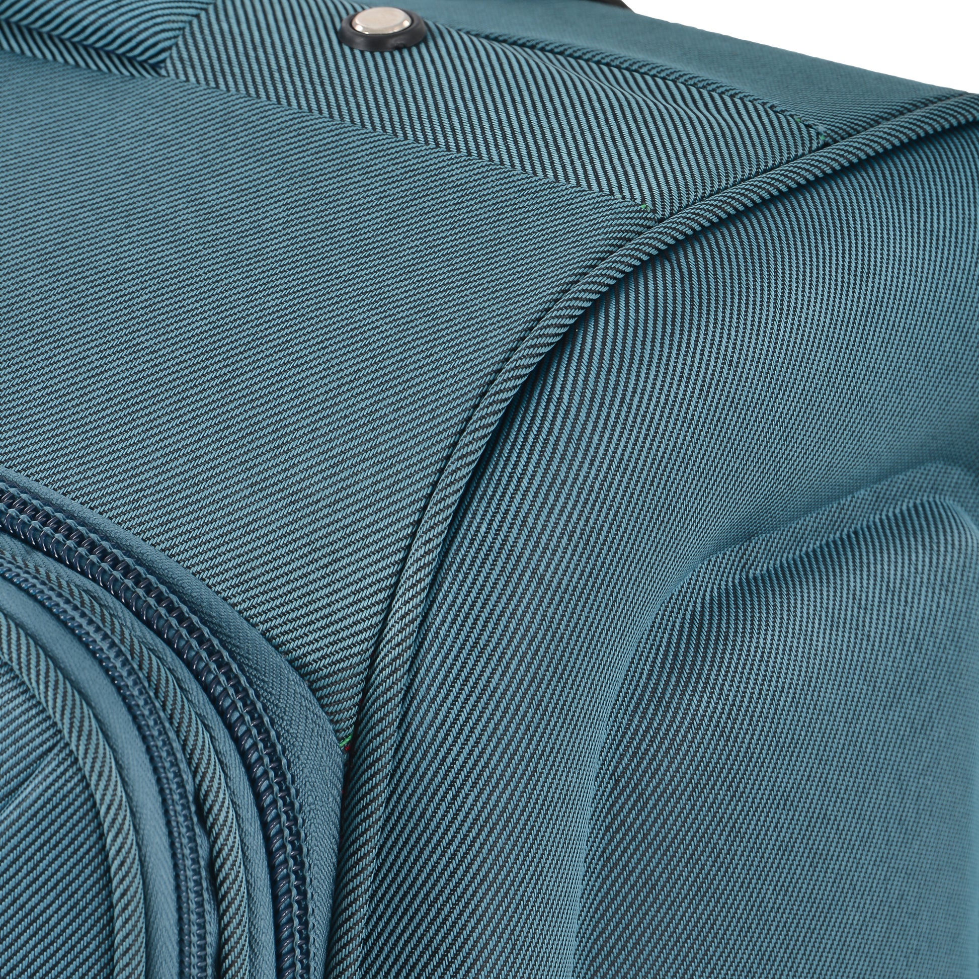 Teal fabric suitcase with textured weave and visible zipper detail