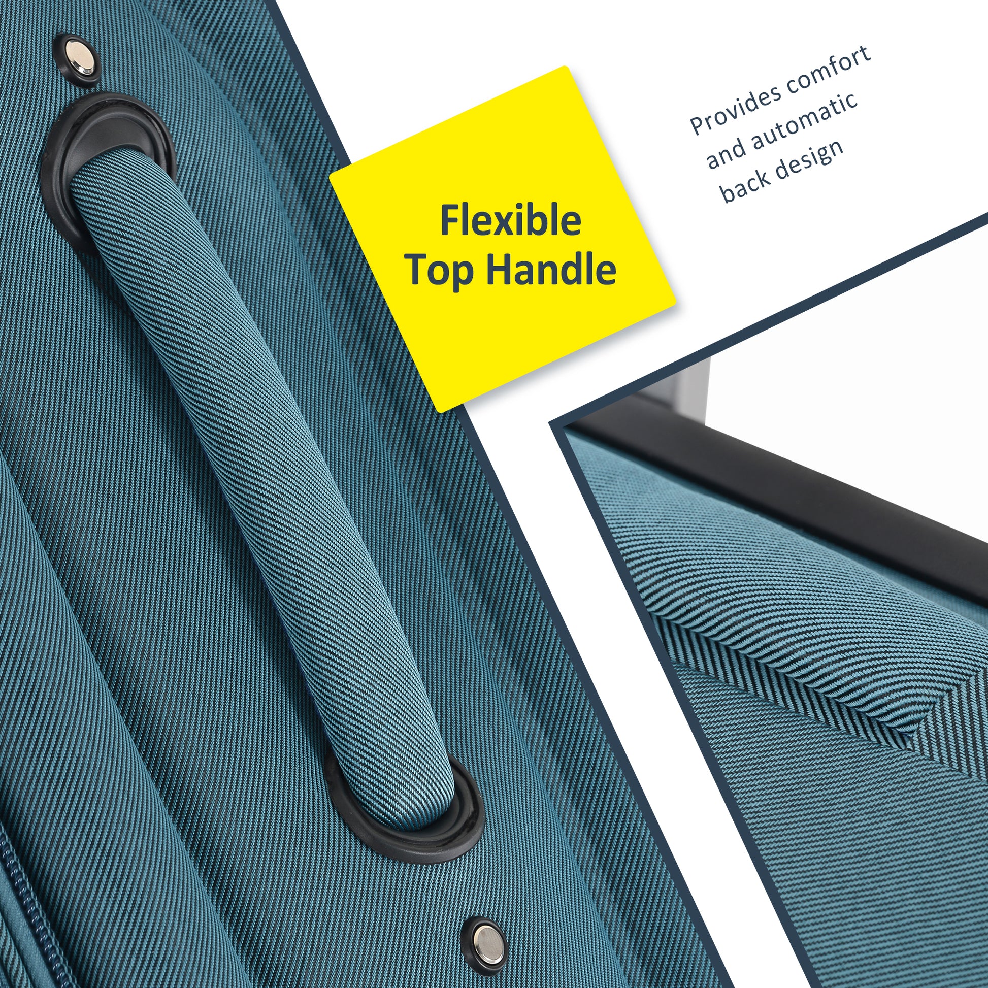 Teal fabric suitcase detail showing a flexible top handle with padded grip