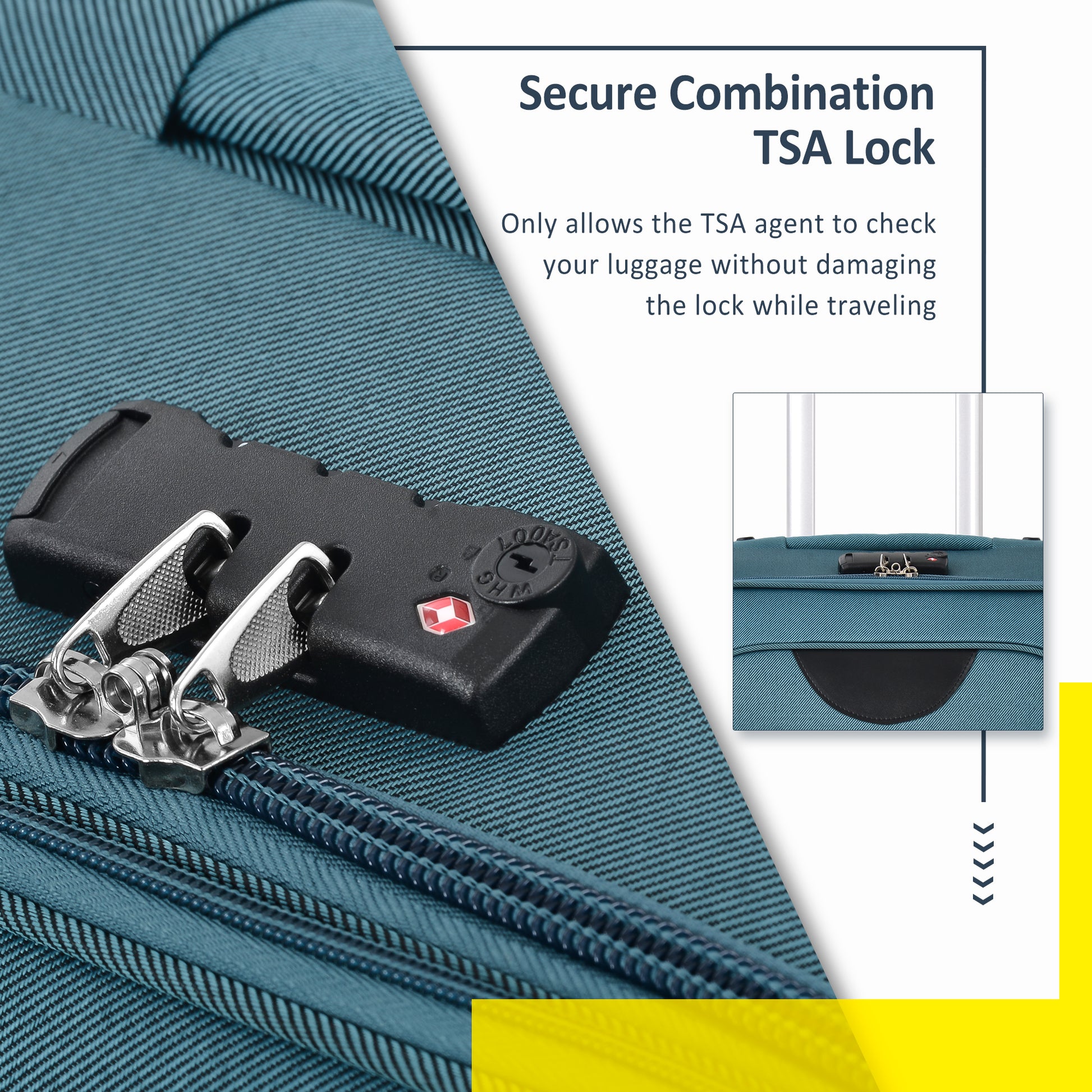 Blue luggage features a black TSA combination lock with silver clasps