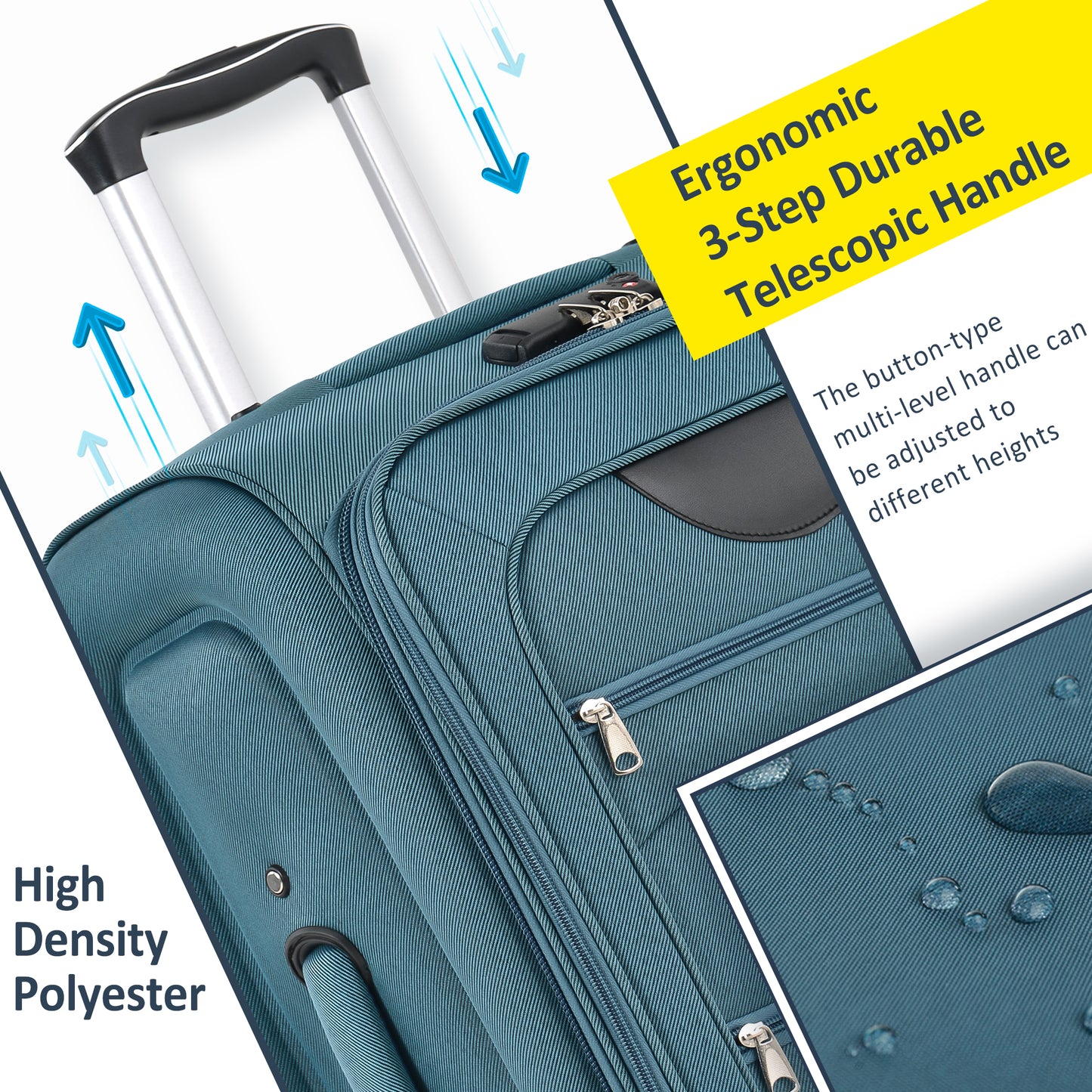 Teal luggage with ergonomic step durable telescopic handle and high density polyester material