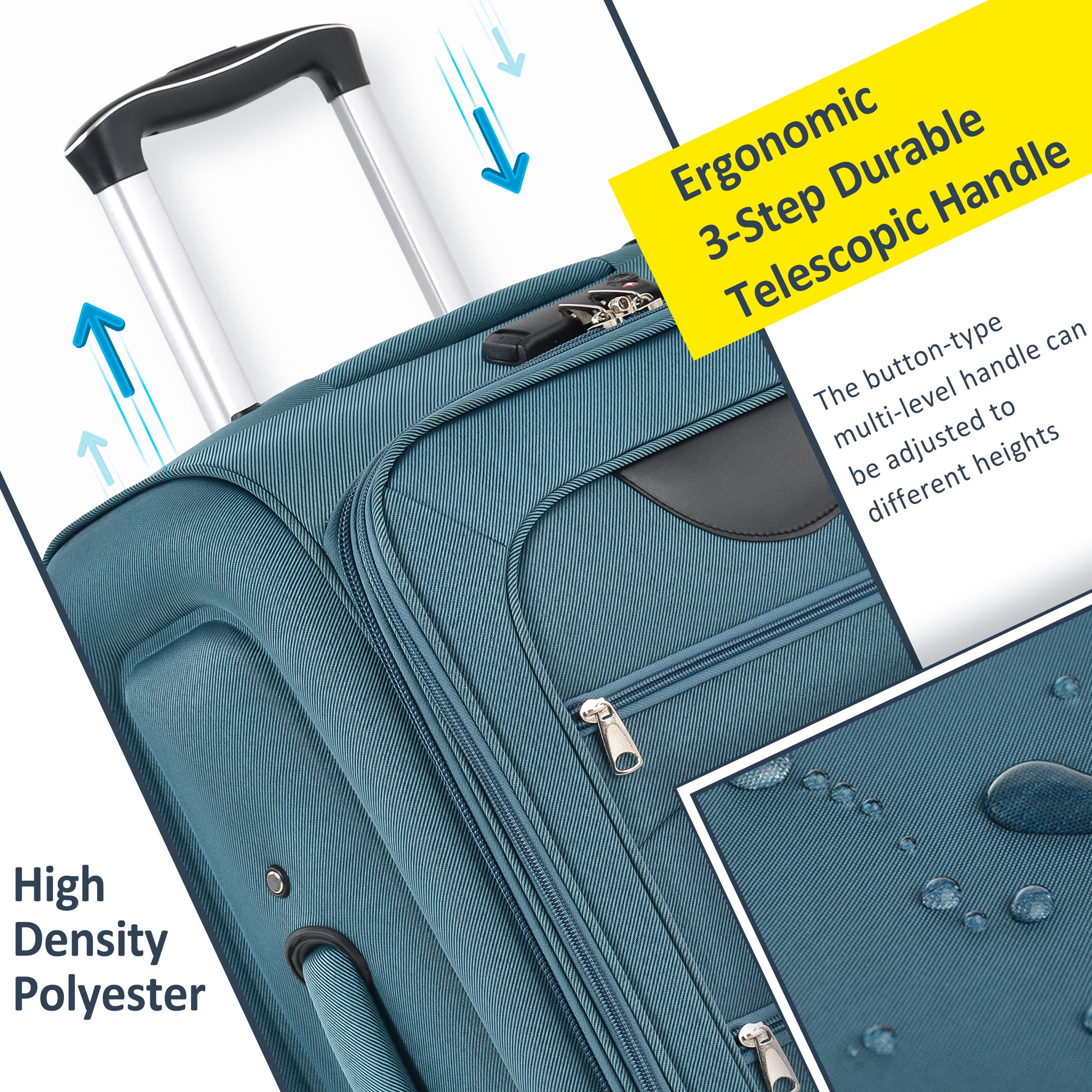 Teal luggage with ergonomic step durable telescopic handle and high density polyester material