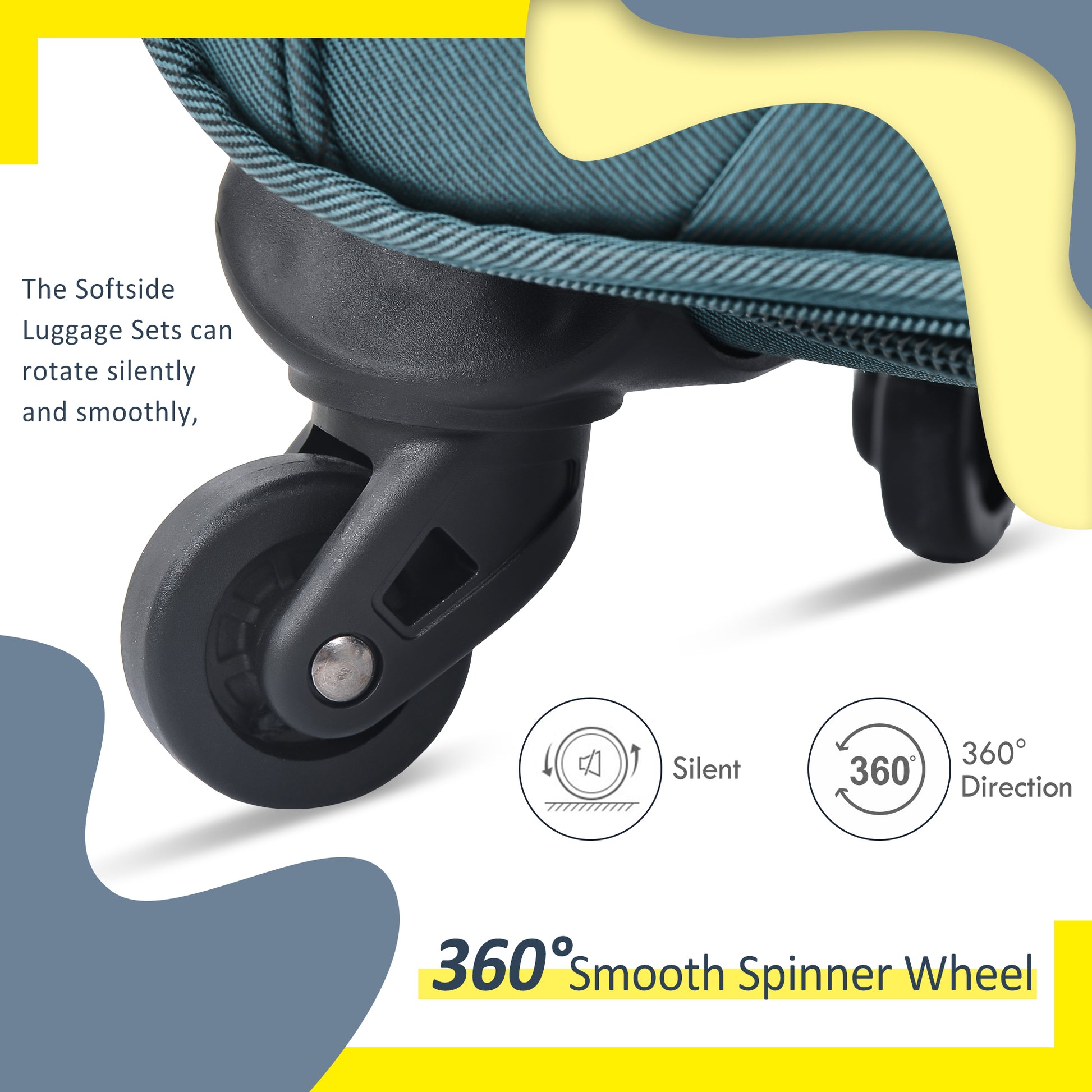 Teal softside luggage wheel with silent  smooth spinner wheel functionality