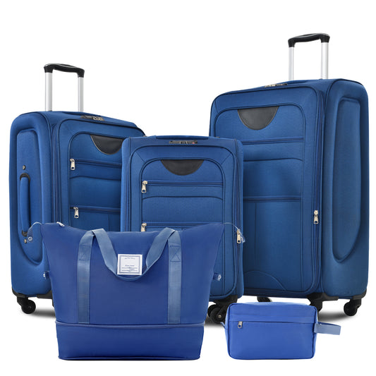 Three blue rolling suitcases and a matching duffel bag set