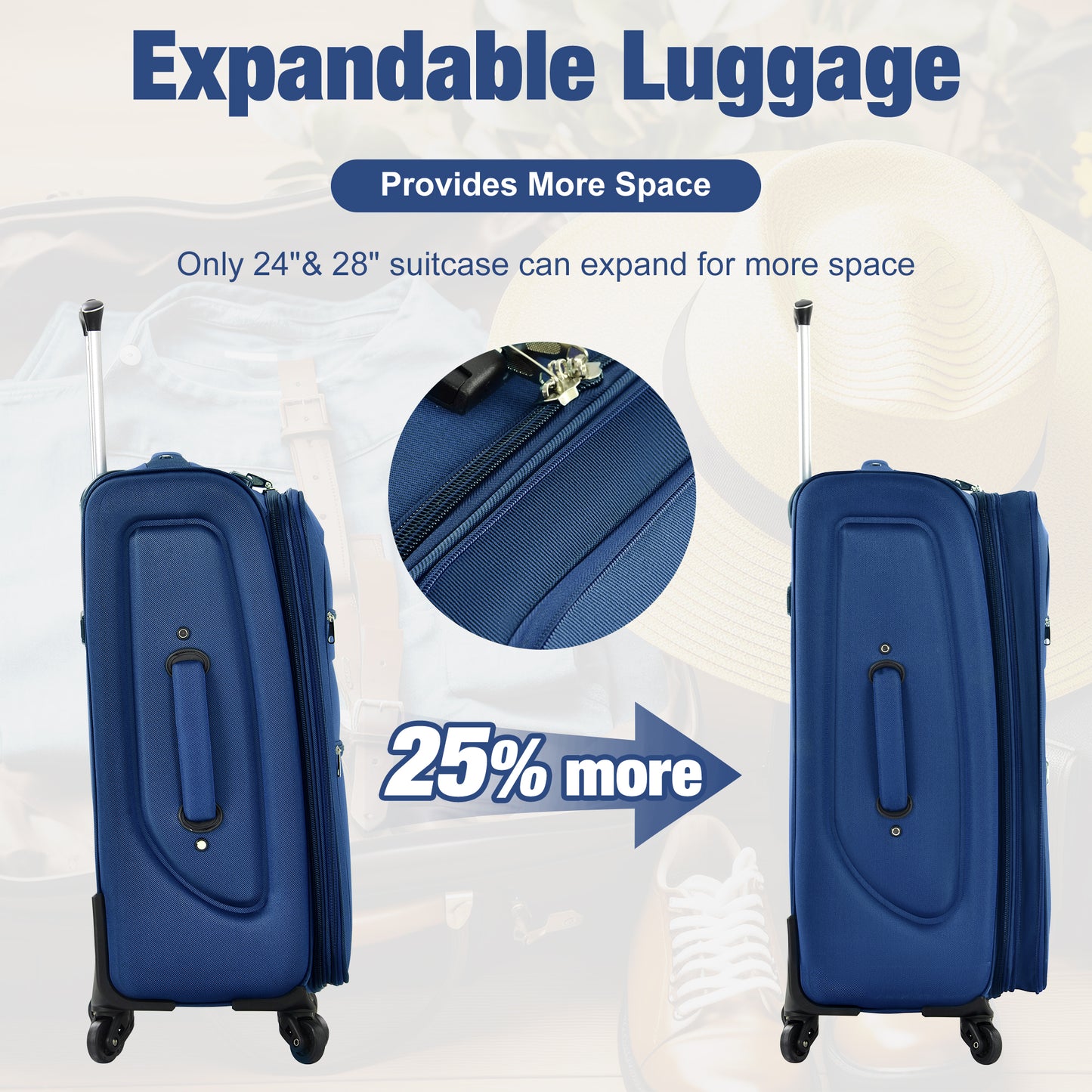 Two navy blue expandable luggage pieces showing zipper detail and  more space