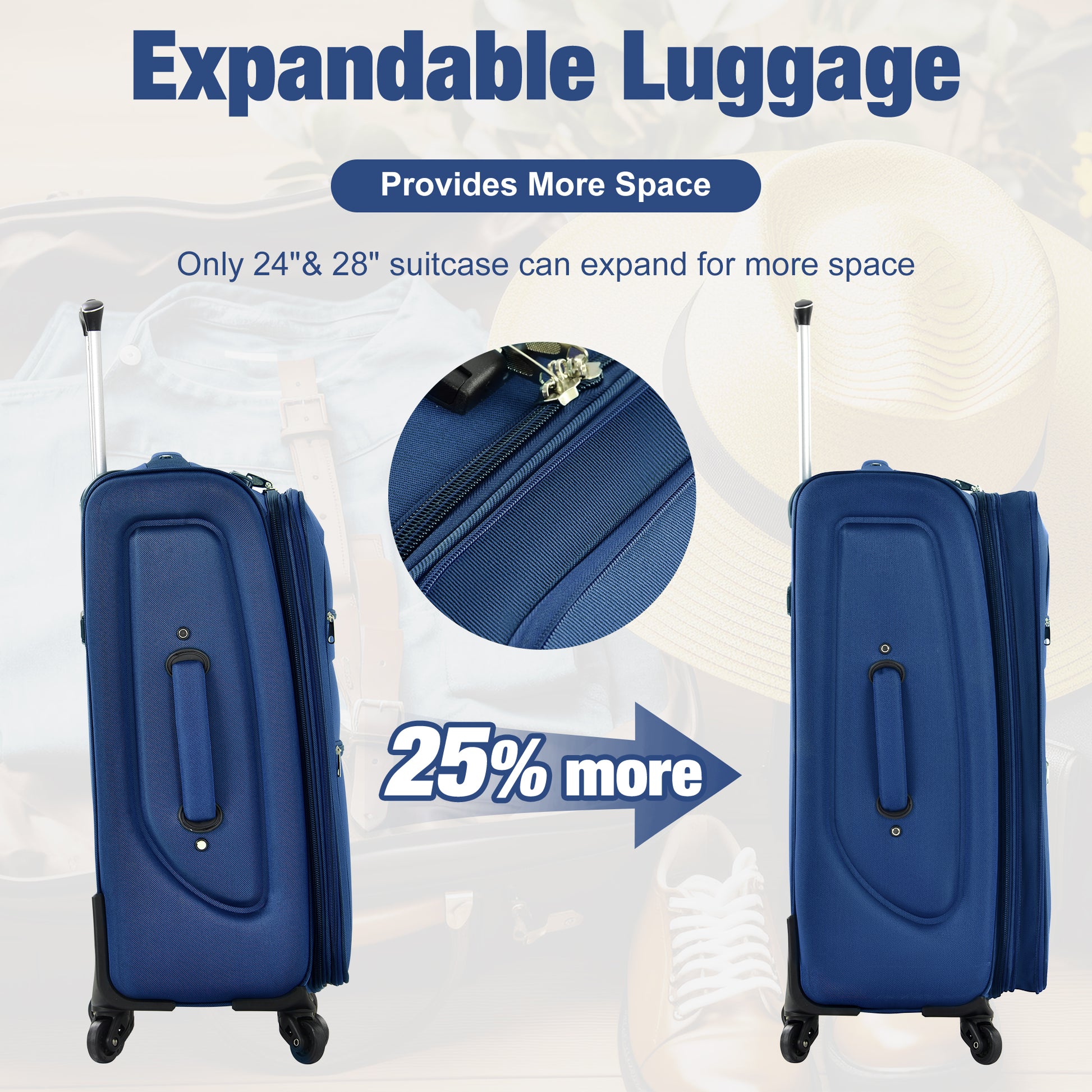 Two navy blue expandable luggage pieces showing zipper detail and  more space