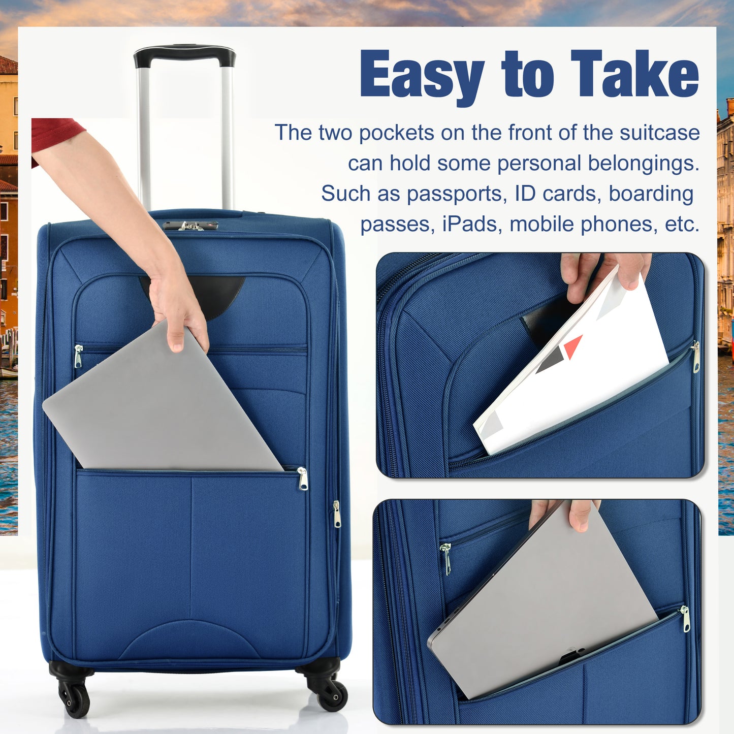 Blue fabric suitcase with a hand inserting a laptop into a front pocket