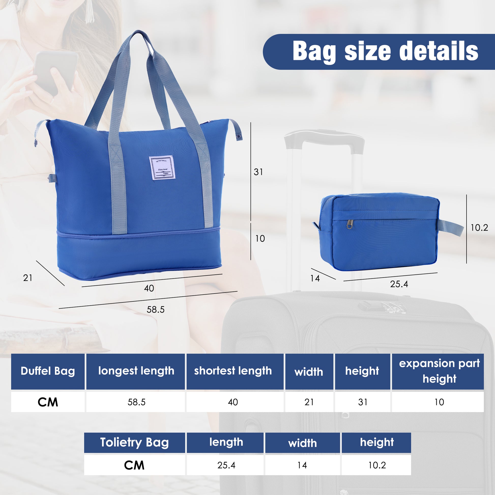 Royal blue duffel bag with grey straps dimensions xx cm ideal for travel