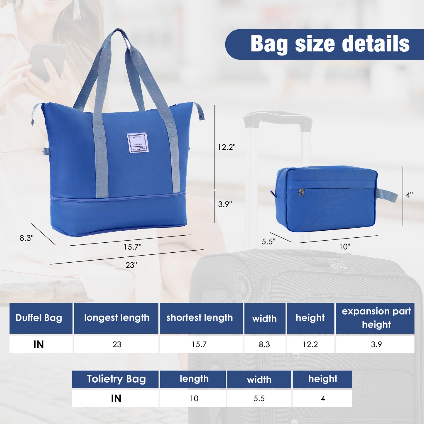 Blue expandable duffel bag with gray straps  longest length  shortest  width  height