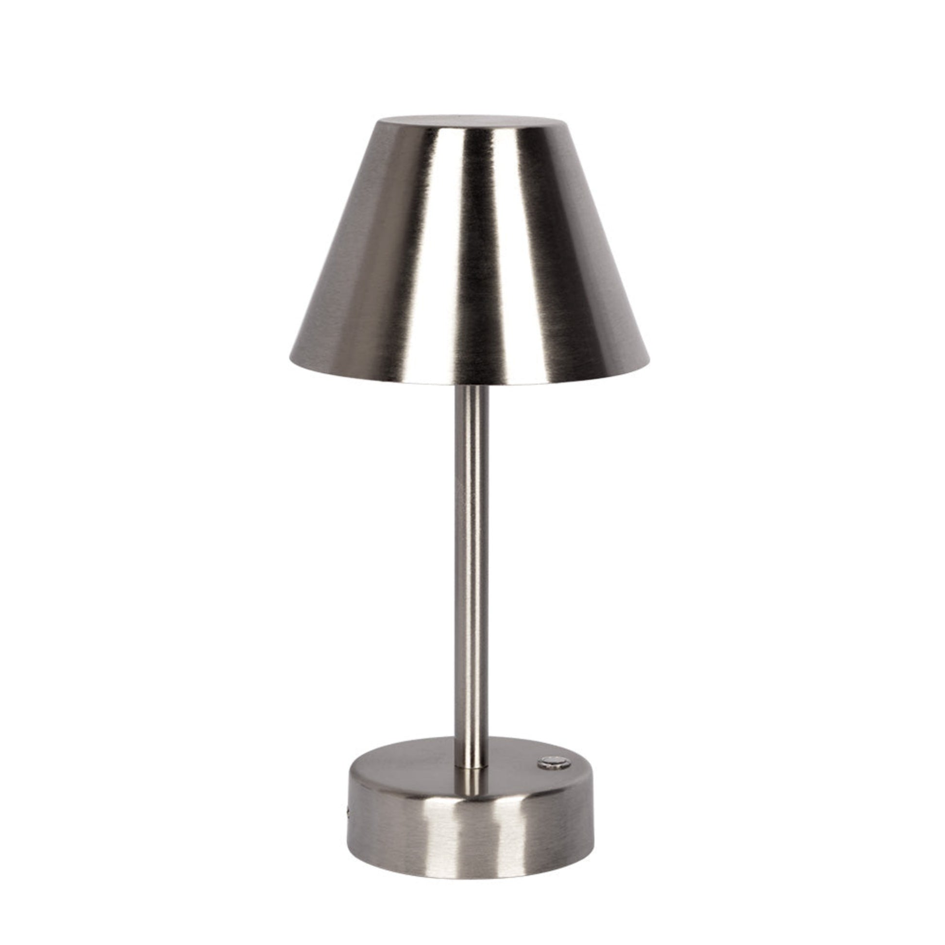 Brushed nickel modern table lamp with conical shade and slim stand