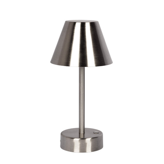 Brushed nickel modern table lamp with conical shade and slim stand