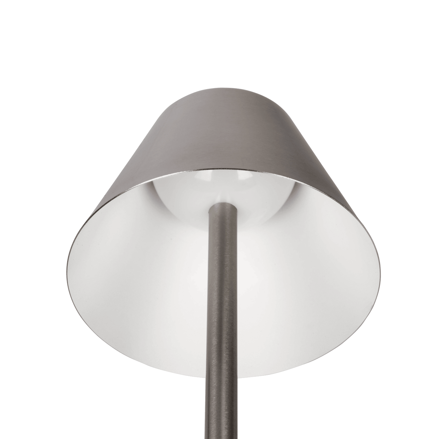 Close up of a gray metal outdoor lamp with a white interior shade